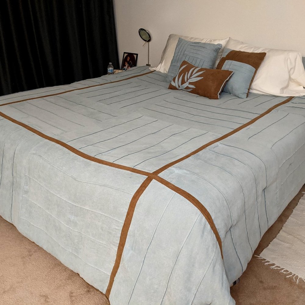 Light Blue, Brown accent Cal King Comforter, shams, pillows and bedskirt set